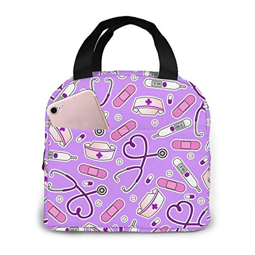 Bolsa térmica térmica para el almuerzo con estampado de enfermera, color morado, para oficina, escuela, trabajo