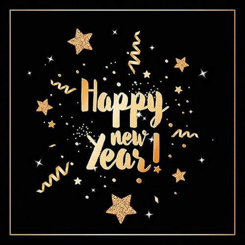 20 Servietten Silvester Happy New Year gold auf schwarz als Tischdeko. Papierservietten mit Motiv. Auch für Decoupage und Serviettentechnik 33x33cm