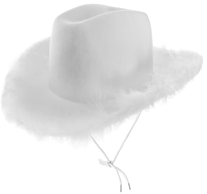 LOVETRENDS White Marabou Fashion Cowgirl Hat - White Felt Cowgirl Hat with Marabou Trim - Perfect for Women and Men's Fashion