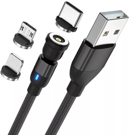 Nylon Magnetic Charging Cable, 360° Rotation USB Magnetic Phone Charger with Led Light, 3in1 Braided Multi Magnetic Charger for Micro USB/Type C/I- (1 Meter)
