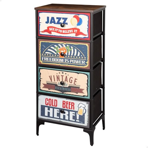 AKTIVE Max Home Mehrzweck-Schlafzimmerkommode, Retro- und Vintage-Grafiken, 4 leichte Stoffschubladen, 45 x 30 x 89 cm, Stahlrahmen, Holzplatte, Nachttische, Wohnzimmermöbel (18401)