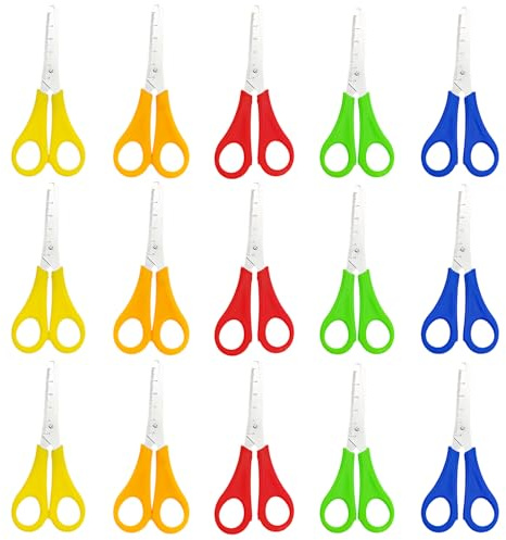 TenaLucy 15 Stück Kinderscheren 13 cm mit Skala, 5 Farben Bastelschere | Edelstahlklingen Kinder Sicherheit Schere Schule 1. Klasse, Links und Rechtshänder Runde Spitze Schere, für Sammelalbum Kunst