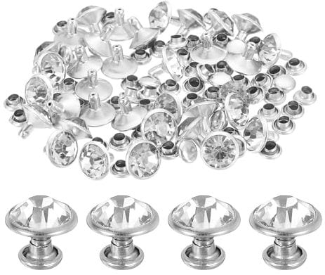 sourcing map 60 Sets Rhinestone Rivets, 9mm Leather Rivets Crystal Rivets Stud Rapid Double Cap Rivets for DIY Leather Craft Fabric Clothes Belt Bags, Silver Clear