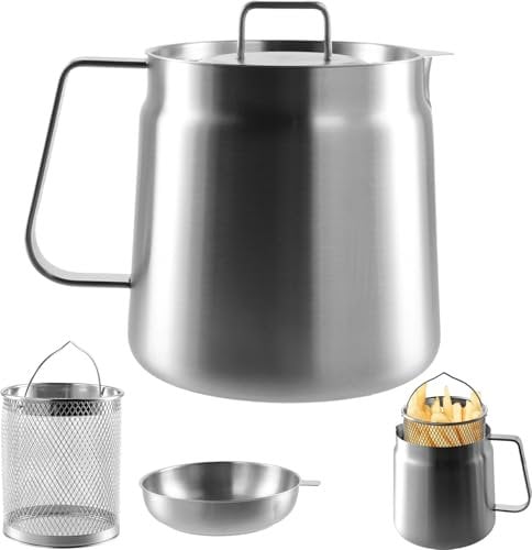 304 Stainless Steel Oil Filter Pot with Basket and Mesh, Dust-Proof Lid and Non-Slip Tray with Handle, Large Capacity, Multi-Functional Oil Filter Tank for Kitchen Cooking (2L)
