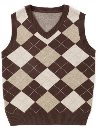 Unisex Kids Sleeveless Knitted Vest - V Neck Hem Tank Top Work Office Wear - Girls Boys Lightweight Uniform Shirt Brown