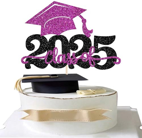 1 Stück 2025 Abschluss Tortendeko Glitzer 2025 Graduation Kuchen Deko Graduierung Kappe Tortendekoration Cake Topper für 2025 Schule Abschluss Party Lila