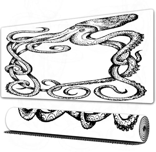FEHWI Grand Tapis de Souris de Jeu avec Bords surpiqués et Dos antidérapant,sous-Main pour Clavier et Souris,Décor de Pieuvre, Pieuvre géante Kraken avec de Grandes tentacules, Style Croquis,90×40 cm