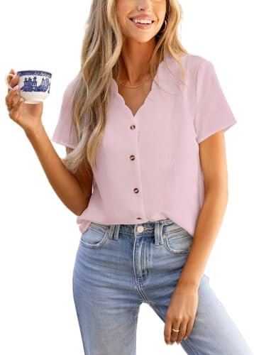 CUPSHE Women's Blouse Shirt Short Sleeve Scalloped V Neck Button Up Textured Casual Blouse Ladies Tops Summer Fashion 2025, Pink, XL