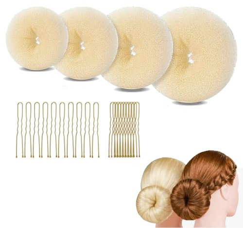 Haarknotenformer-Set, Ring-Stil, Donuts für Dutt mit 20 goldenen Haarknoten, beigefarbener Haarknotenformer für Mädchen, Kinder, Frauen, DIY-Chignon-Frisuren, Tänzerin, Ballerina (vier verschiedene