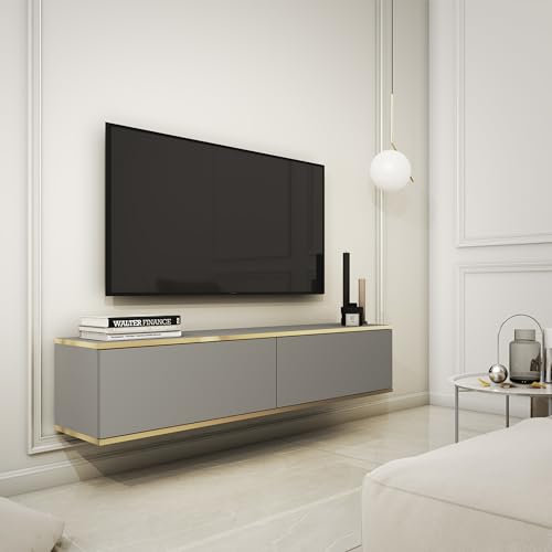 Komodee Banff TV135 - TV Schrank, Graue Glatte Front, Eiche Artisan, Breite 135 cm, Höhe 30 cm, Tiefe 32 cm