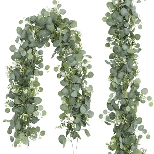 2 Stück 180cm Eukalyptus Deko, Grüne Blätter Künstliche Girlande Pflanze,Grüne Blätter Deko mit Weiße Blumen für Hochzeiten Partys Esstische Kaminsimse Treppen Türrahmen