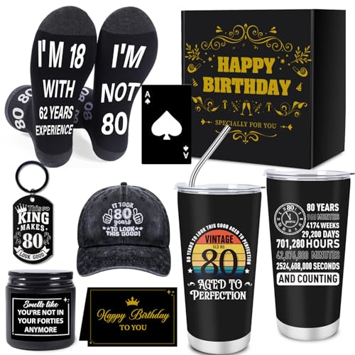 Luvart 80th Birthday Gifts for Men - 7Pcs 80 Years Old Mens Birthday Gifts Ideas, 20oz Travel Mug, Funny Socks, Baseball Cap,Keyring, Bottle Opener, Candle, 80th Presents for Dad Grandad Husband