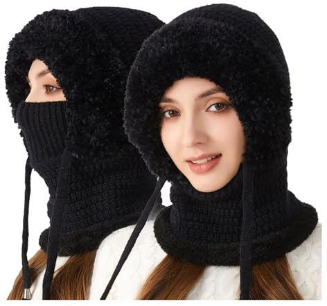 NaLatia Hiver Chaud Tricoté Bonnet et Ensembles De Cache-Cou, Balaclava Chapeaux Femme Écharpe à Capuche Cagoule Coupe-Vent Avec Pompon Doublure Polaire Masque Facial Pour De Plein Air