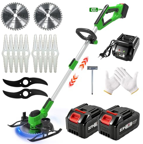 Decespugliatore a Batteria 21V, Tagliabordi a Batteria con 2 Batterie, Decespugliatore Elettrico,Tagliaerba a Batteria con 3 Tipi Lame, Telescopica, Testa Girevole 90°,per Giardino Potatura, Verde