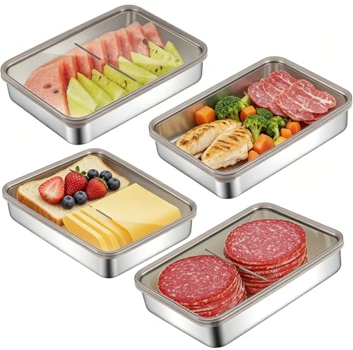 ZYNERY 4 Stück Edelstahl Aufschnittbox, Lebensmittel Aufbewahrungsbox mit Sichtdeckel, Kühlschrank Organizer für Käse, Aufschnitt, Fleisch, Spülmaschinenfest & Stapelbar