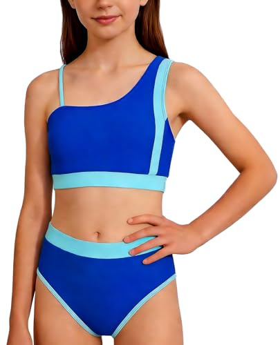 Happy Cherry - Maillots de Bain Sportif Ado Fille avec Bustier Culotte Ensemble Bikini Filles Enfant Été 2 Pièces Tankini pour Natation Piscine Plage Vacance Vêtement de Bain - 15-16 Ans - Bleu