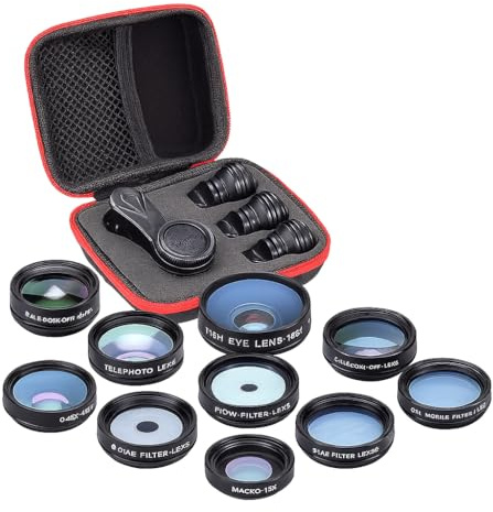 PintoHardware 10 in 1 telecamera kit di lenti per cellualare con clip universale,fisheye198°, Macro 15x, grandangolo 0,63x,Teleobiettivo 2X, Filtri,conpatibile iphone, Android con custodia