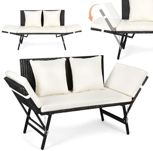 Gartenbank Polyrattan mit Liegefunktion 3 in 1, Wetterfest Gartensofa mit Verstellbaren Armlehnen, 2-Sitzer Outdoor Sofa für Garten,Balkon & Terrasse, Balkon Sofa inkl. Kissen und Sitzpolster, Beige