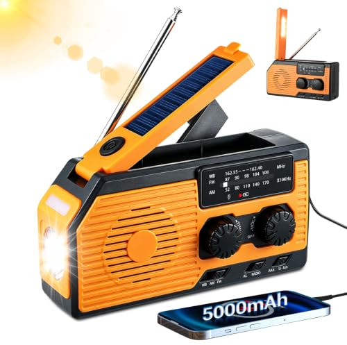 VHV Radio Manivela Solar Emergencia, Emergencia Portátil, Manivela Solar Am/FM/NOAA, Batería Power Bank 5000mAh, Radio de Supervivencia con Manivela, Linterna, Alarma SOS (Color)