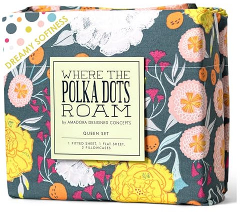 Where The Polka Dots Roam Queen-Size-Bettlaken, Vintage-Blumenmuster auf grauem Druck, 4-teiliges Set, Unisex, Flexible Mikrofaser, langlebig, knitterfreie Bettwäsche, Kleinkinder, Jugendliche