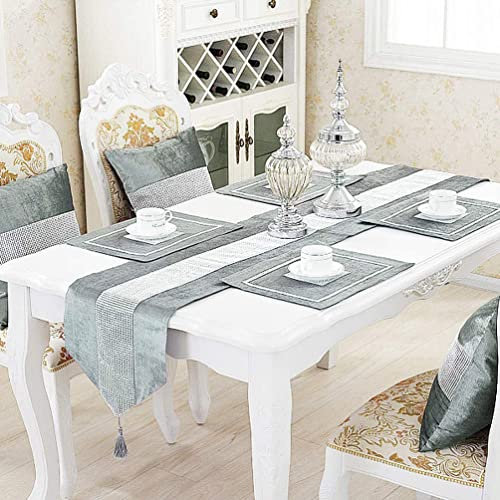 HeMiaor 13x84 Zoll Strass Tischläufer Pailletten Strass Tischdecken, Elegante Tischdekoration für Hochzeit Danksagung Weihnachten mit Diamante Streifen und Quasten, Grau
