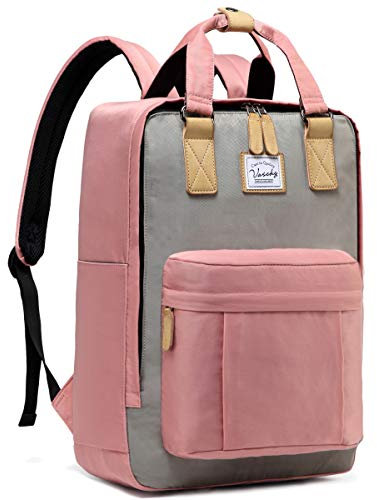 VASCHY Backpack for Women, Men Vintage School Backpack Travel Work Rucksack Water Resistant Daypack with Button Top Handle (Pink)