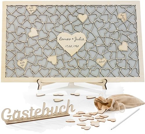Wedding Gästebuch Hochzeit mit Holzherzen I Perfekt Hochzeitsdeko I 101 Herzen I Holzen Rahmen zum Befüllen I Hochzeitsgästebuch mit Ständer und Informationstafel I Geschenk zum Hochzeitstag