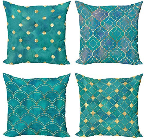 ABAKUHAUS Abstrakt Dekokissen Kissenbezug 4 er Pack, Aquarell Oriental Squama, Modern Accent Doppelseitiger Digitaldruck, 50 x 50 cm, Ceil Blau