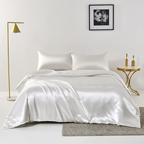 Chanyuan Weiß Seide Satin Bettwäsche Set 200x220cm mit Kopfkissenbezug 80x80cm 3 teilig Bettbezug mit Reißverschluss