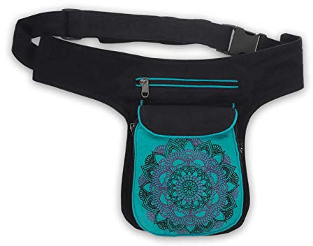 Kunst und Magie Bauchtasche Hüfttasche Mandala Gürteltasche Festivaltasche Sidebag, Farbe:Schwarz/Türkis