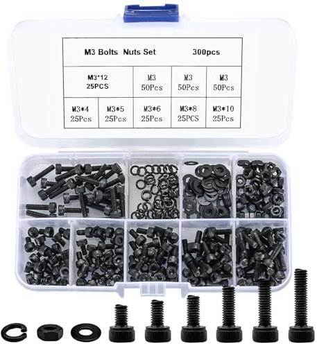 300 Pz M3 Set Viti e Bulloni, Dadi, Rondelle Assortimento Kit - Vite Testa Bottone Esagonale Nero - 4/5/6/8/10/12mm