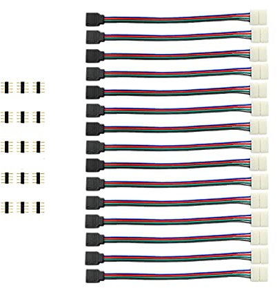 JZK 15pcs Solderless LED Light Strip Extension Cable Connector Wire Jumper Female with 10mm 4 pin Connector for RGB LED Ribbon Adapter Cable RGB 5050 LED Strip Light