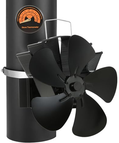 gohantee Stove Flue Fan 5 Blades - Log Burner Pipe Fan with Thermometer, Wood Burning Heat Powered Fireplace Fan, Silent Operation Heat Circulation for Wood/Log Burner/Fireplace