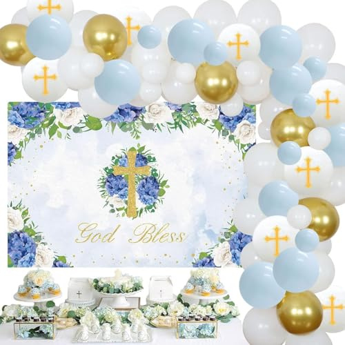 Blaue Erstkommunion Dekorationen Taufe Party Dekorationen Inklusive Gott Segen Hintergrund Taufe Ballon Bogen Kit Blau Weiß Gold für Taufe Party Dekorationen Indoor Outdoor