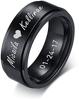 FLHEART Personalisierter Spinner Ring, Fedget Band Ring, Edelstahl Minimalist Band Stil benutzerdefinierte Name Ring Versprechen Verlobung Ehering für Herren, schwarz, 8mm, Größe 64 (20.4)