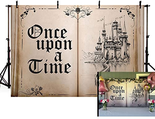 MEHOFOND Toile de Fond pour Photographie de 2,4 x 1,8 m - Livre de Conte de fées Once Upon Castle de Princesse Décor pour fête d'anniversaire Photo pour séance