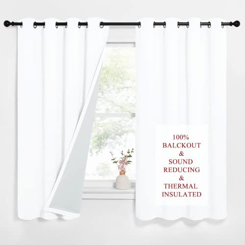 PONY DANCE Bedroom Curtains Noise Reducing - Pure White 100% Blackout Curtains Soundproof with Black Lining Thermal Insulated Panels Privacy for Nursery Room, 2 Panels, 52x63 Inch Drop