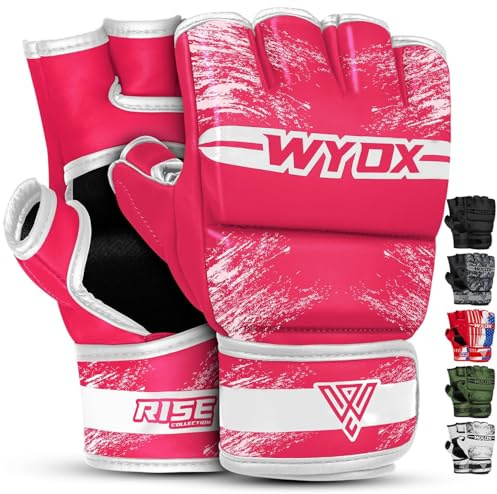 WYOX MMA Gloves Grappling Sparring, Boxing Gloves Men Women Muay Thai Martial Arts Training, Half Finger Adjustable Mitts Wrist Support Kickboxing Gloves (Pink, L/XL (21-27 cm))
