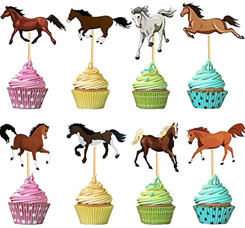 40 Stück Pferd Kuchen Dekoration Set Probuk 8 Arten Pferde Cupcake Topper Muffin Pferderennen Kuchen Abendessen Essen Dekoration Lieferungen für Themenpartys, Geburtstag, Babyparty, Hochzeit
