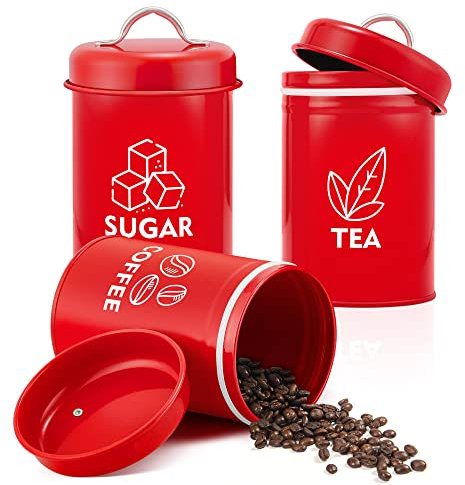 Joyfair Tea Coffee Sugar Canisters, 3 Pack of Metal Food Storage Jar with Air Tight Lid, Round Food Canisters Great for Storing Beans, Nuts, Candies, Cookies, Ideal for Kitchen/Office/Camping, Red