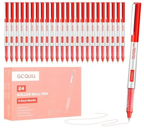 GC QUILL 24 Stück 0,5 mm Tintenroller Stifte mit flüssiger Tinte, Schnell Trocknend, Langlebig, Extra Feine Spitze zum Schreiben, Tagebuch, Notizen, Schule, Bürobedarf (Rot) GC-RBP-RD03