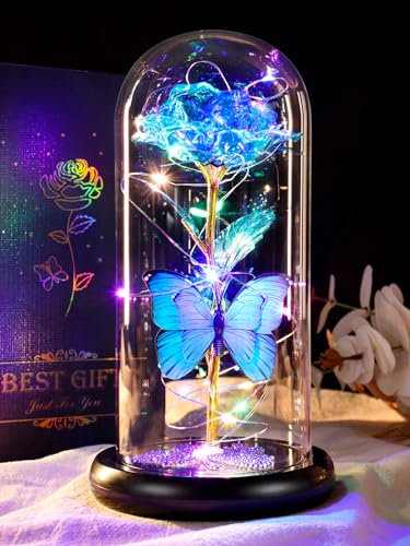 Rose Gifts for Women, Galaxy Blue Rose Flower for Her Mum, Artificial Eternal Rose Light Up Flower in Glass Dome for Anniversary Valentines Mothers Day