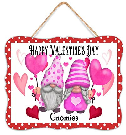 Holzschild im Used-Look Happy Valentine's Day, Zwerge, Landhaus-Holzschild, Zitat, dekorativer romantischer Zwerg, Paar, Raumdekoration, Schilder für Regal, Outdoor, 20,3 x 25,4 cm