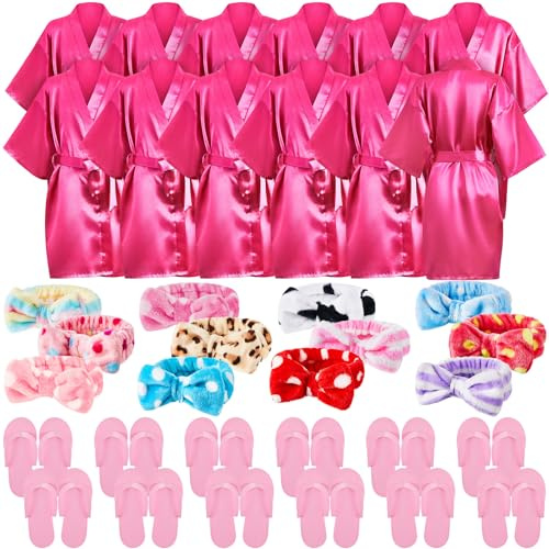 Xuhal Lot de 36 fournitures de fête spa pour filles, 12 peignoirs kimono à col en V, 12 bandeaux doux et 12 mousses jetables, rose rouge, 12
