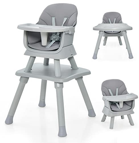DREAMADE Hochstuhl mit Tisch, 6 in 1 Kinderhochstuhl mit Tablett & 5-Punkt Sicherheitsgurt, Babystuhl mit Abnehmbarem Kissen, Essstuhl Baby 7-36 Monate bis 25 KG (Grau)