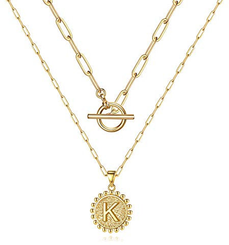 TINGN Goldkette Damen Kette mit Buchstaben Kette Damen, 14K Gold Vergoldet Büroklammer Halskette Damen Gold Kette Münzen Buchstaben Kette Layering Gold Choker Kette Damen Gold Buchstabe K Halskette