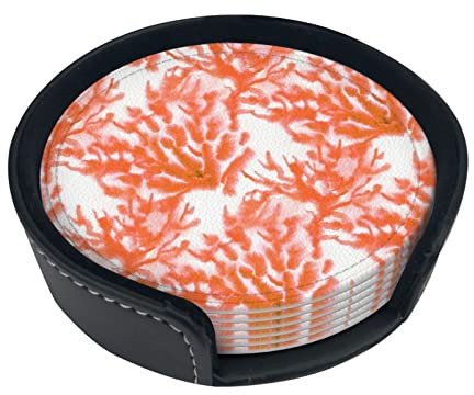 Abstrait Corail Orange, sous-Verres Ronds, Coussin de Tasses, Tapis de Tasses Ensemble de 6 sous-Verres en Cuir avec Support