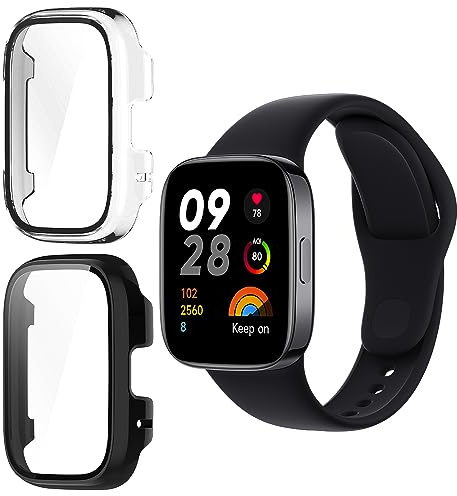 KeeFos 2-Pack Protector Funda Compatible con Xiaomi Redmi Watch 3 Active, 9H Anti-Rasguños, PC Protector de Pantalla Funda con 9H Cristal Templado para Xiaomi Redmi Watch 3 Active(Negro+Transparente)