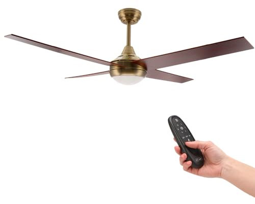 M mimotec - Ventilador de Techo con luz Led Easymal cuero/nogal 55W, mando a Distancia, Bajo consumo, motor DC 27W+Luz Led 18W, 6 velocidades,Silencioso,4 Aspas, invierno-verano, temporizador.