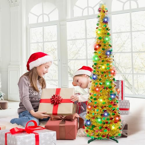 5Ft/1.5M Pop Up Collapsible Christmas Tree with Lights, Silver Tinsel Skinny Pencil Artificial Tree For Holiday, Home, Office Decoration